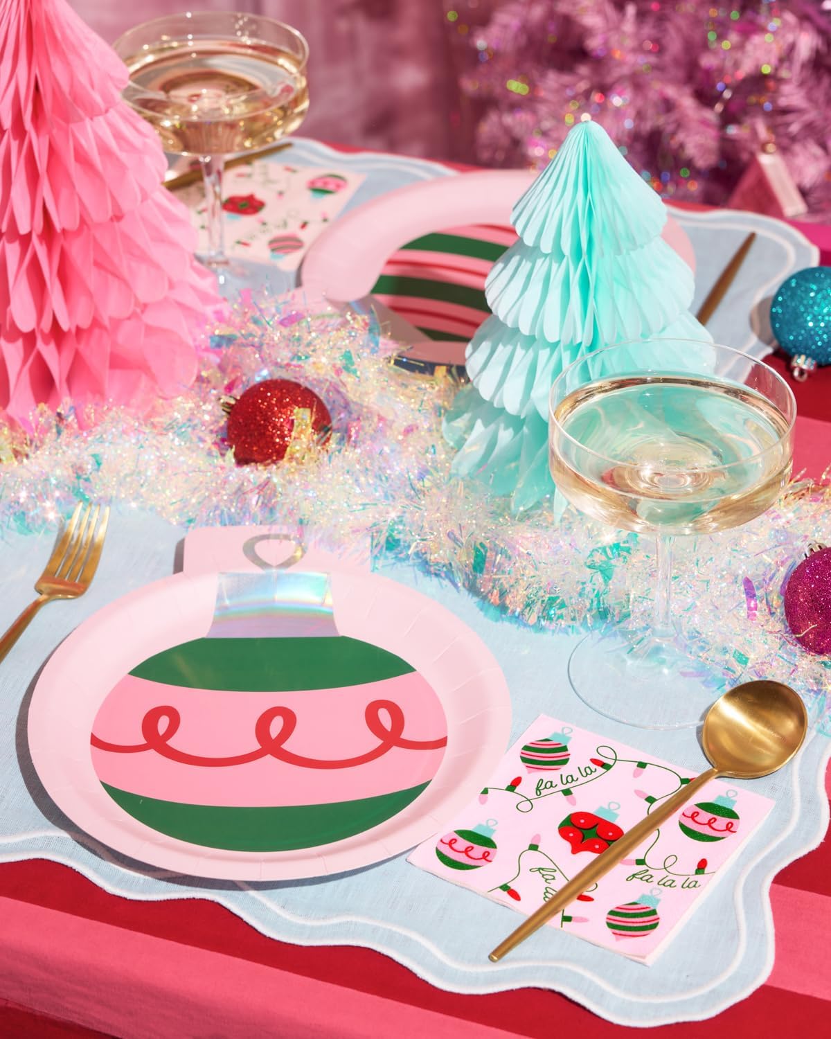 xo, Fetti Ornament Cocktail Napkins - 3-ply, 25 pcs | Christmas Party Decorations, Xmas Party Tablescape, Cute Holiday Dinner Setting, Ornaments, Pink Red and Green