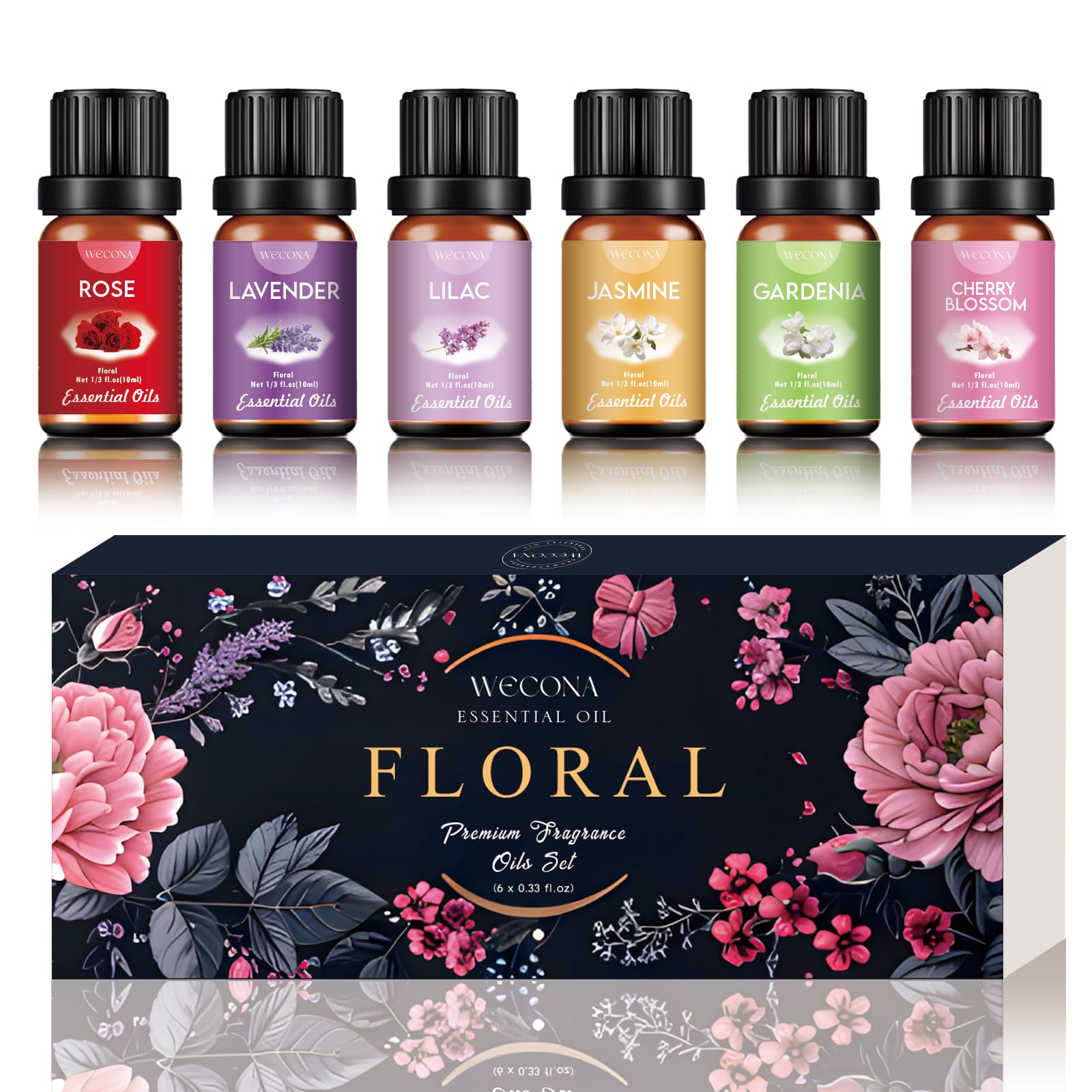 Floral Essential Oils Set for Diffusers & Candle Making - 6x10ml Natural Botanical Blends with Rose, Lavender, Lilac, Jasmine, Gardenia, Cherry