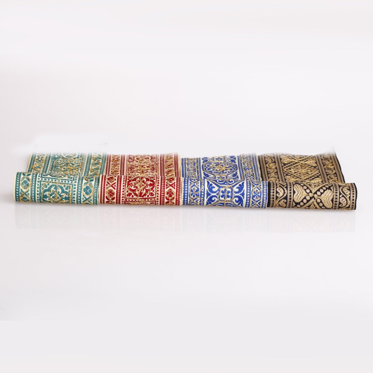 Neotrim Indian Salwar Kameez Embroidery, Aztec Celtic Ribbon Trimming By the Yard. Simply Stunning and Very Limited Edition Fancy Ribbon Trimming. 7-7.5 cm Wide. Sold as 1 meter or 3 meters discounted price. 3 Great colours Available; 1) Soft Sage Green, 2) Indian Royal Blue, 3) Red, 4) Black! Amazing with Cotton feel.