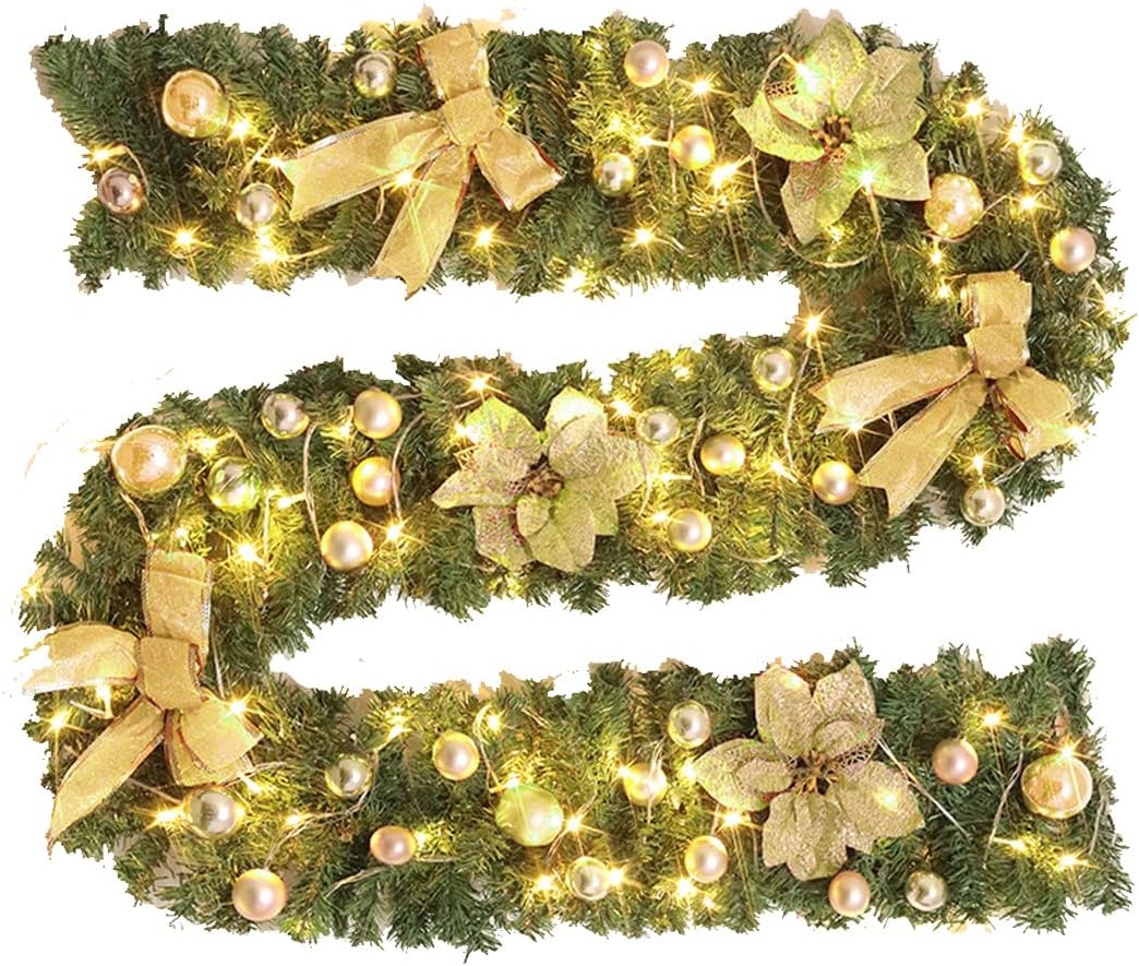 Christmas Garland with Lights, 2.7m/9ft Pre-Lit Artificial Xmas Garland for Stairs Fireplace, Green Rattan Decorated Garland for Indoor Outdoor Christmas Decor (gold)