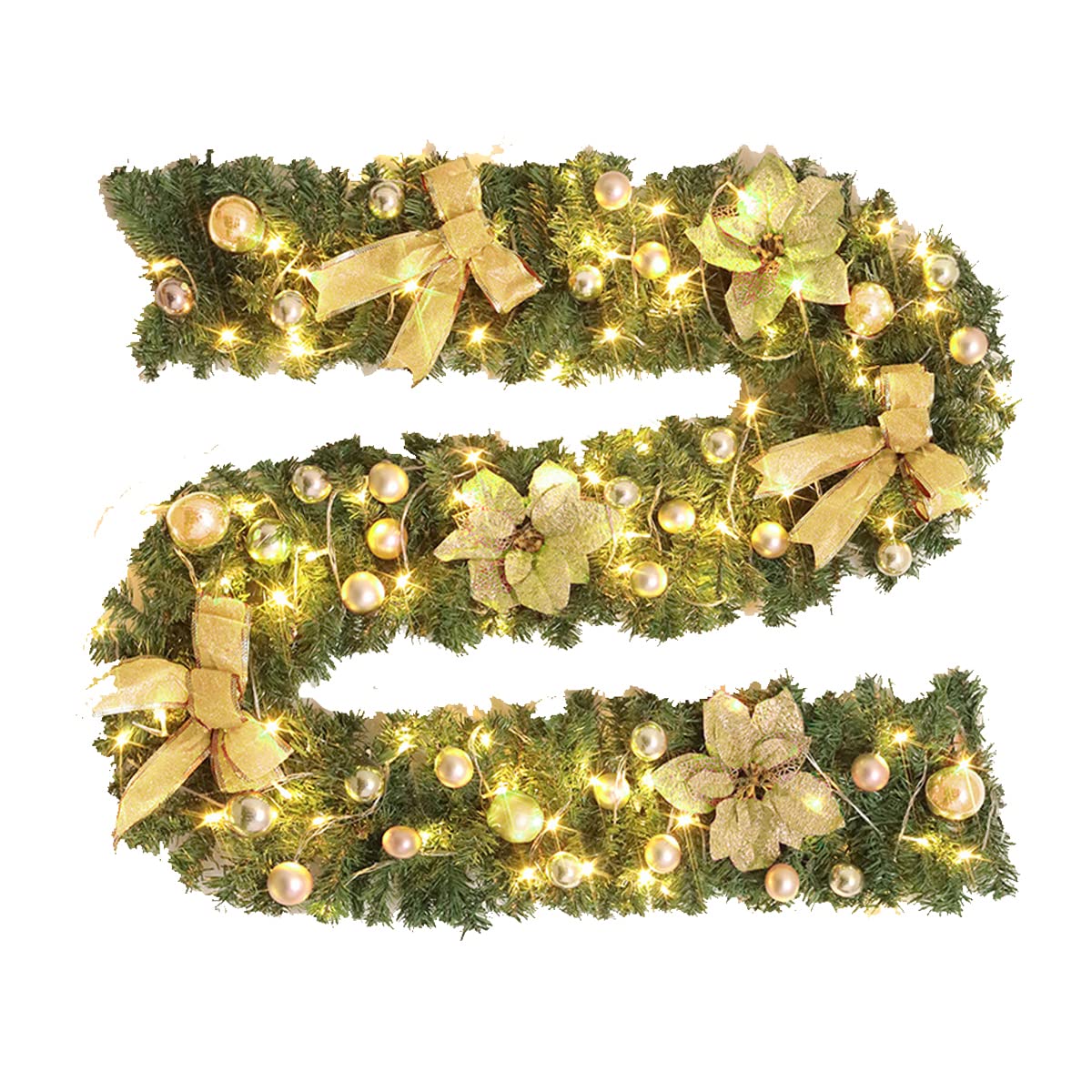 Christmas Garland with Lights, 2.7m/9ft Pre-Lit Artificial Xmas Garland for Stairs Fireplace, Green Rattan Decorated Garland for Indoor Outdoor Christmas Decor (gold)