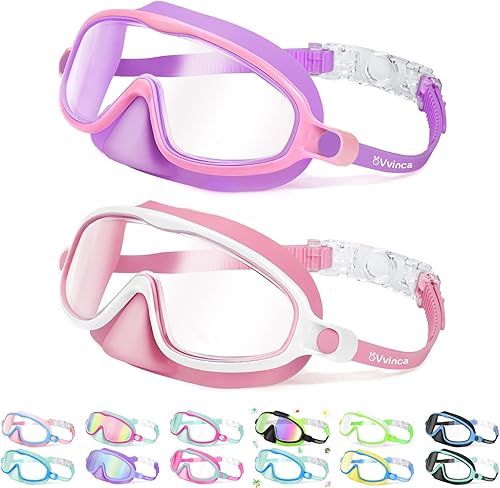 Miniatura 1 de Vvinca 2 gafas de natación para niños con cubierta para la nariz, máscara de buceo de natación de visión amplia, antivaho UV, anti roturas para