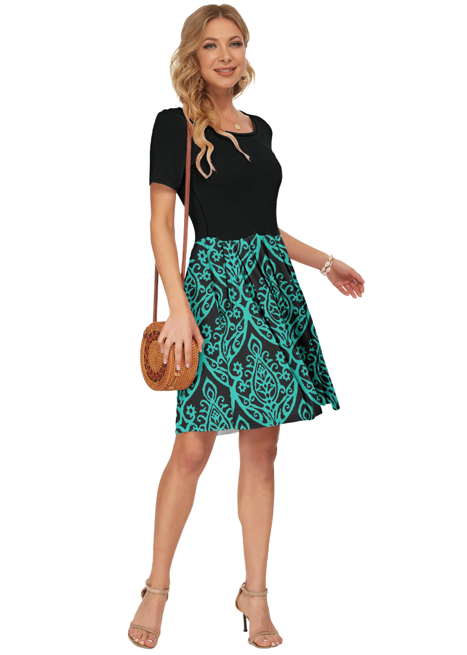 AUSELILY Abito Casual da Donna a Pieghe a Manica Corta con Lunghezza al Ginocchio con Tasche