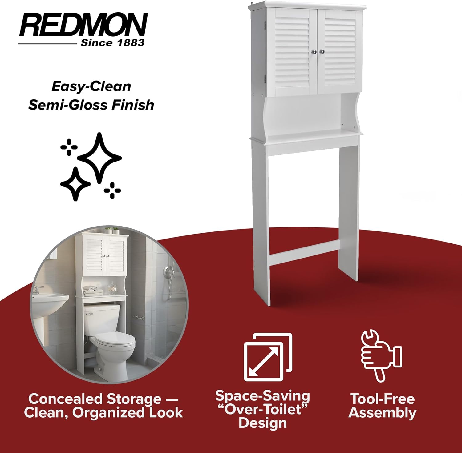 Redmon Louvered Double Doors Over The Toilet Space Saver Storage Cabinet (Full Side Panels), Adjustable Center Shelf, 23.50 Inch Width x 63.00 Inch Height, White Semi Gloss Enamel Finish