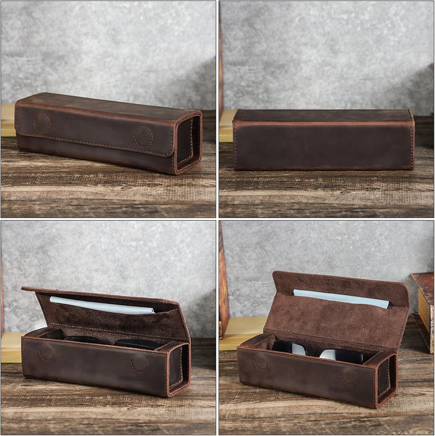 Hiram 1 Slot Sunglasses Case Genuine Crazy Horse Leather Eyeglasses Box Vintage Handmade Glasses Holder with Magnetic Closure Soft Lined Protective Case for Men Women Travel Car Office