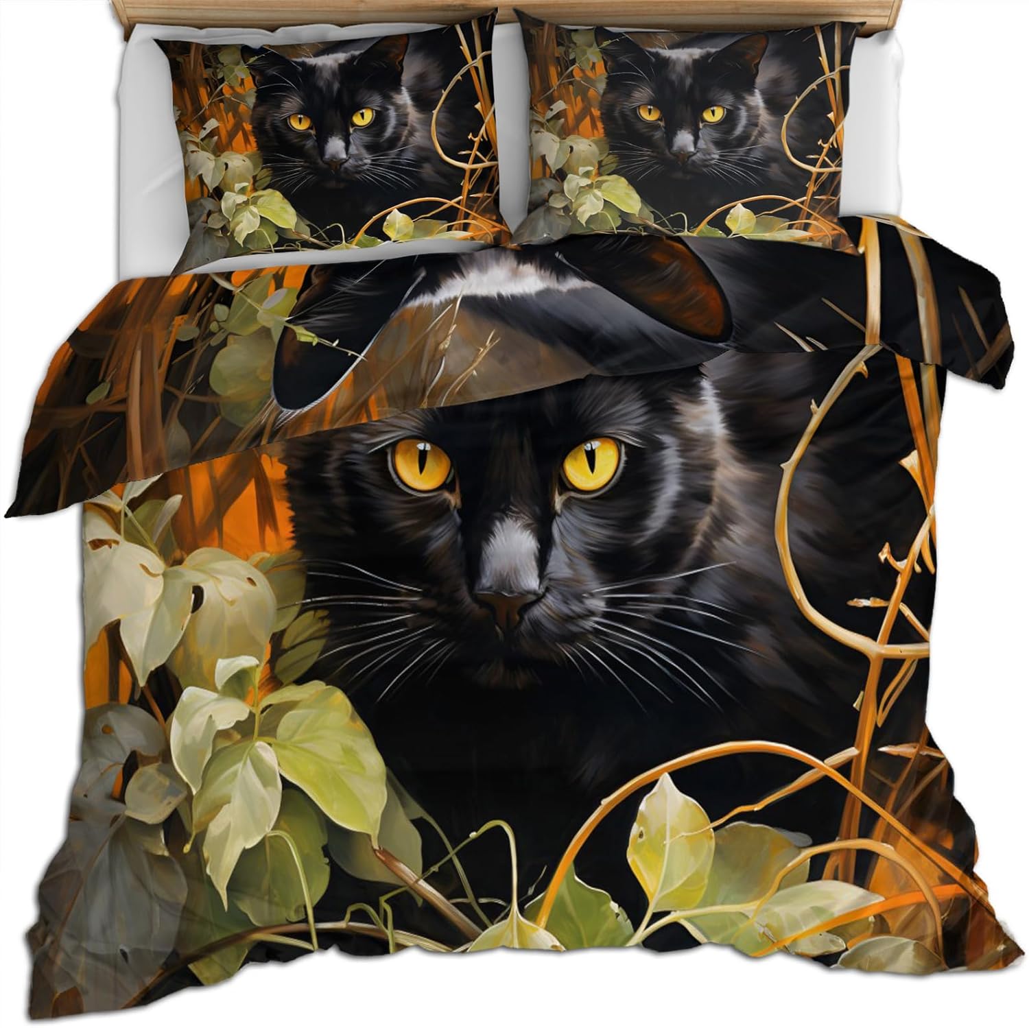 Twin Size Duvet Cover Set, Black Cat Print Duvet Cover, Jungle Cat Comforter Cover Bedding, Kids Room Bedding Decor, (Reversible Printing)