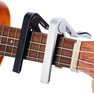 2 Pack Guitar Clip, Guitar Clamp Quick Release, Memory Silicone Pad, No Buzz Clamp for Acoustic Classical Electric Guitars, Ukulele Mandolin Banjo, Black & Silver