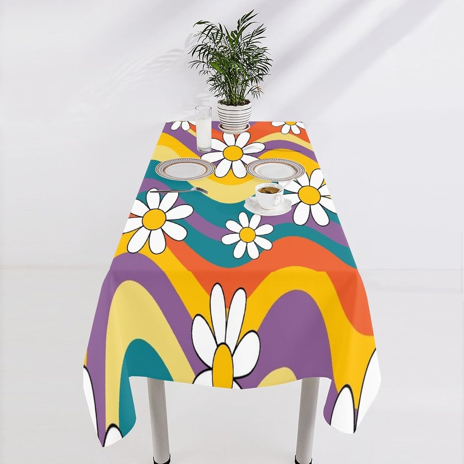 Groovy Flowers Tablecloth, 60s 70s Retro Floral Cute Hippie White Chrysanthemum Flower Print Table Cloth Cover for Party Picnic Tabletop Dining Room Indoor and Outdoor Dining 55x75inch