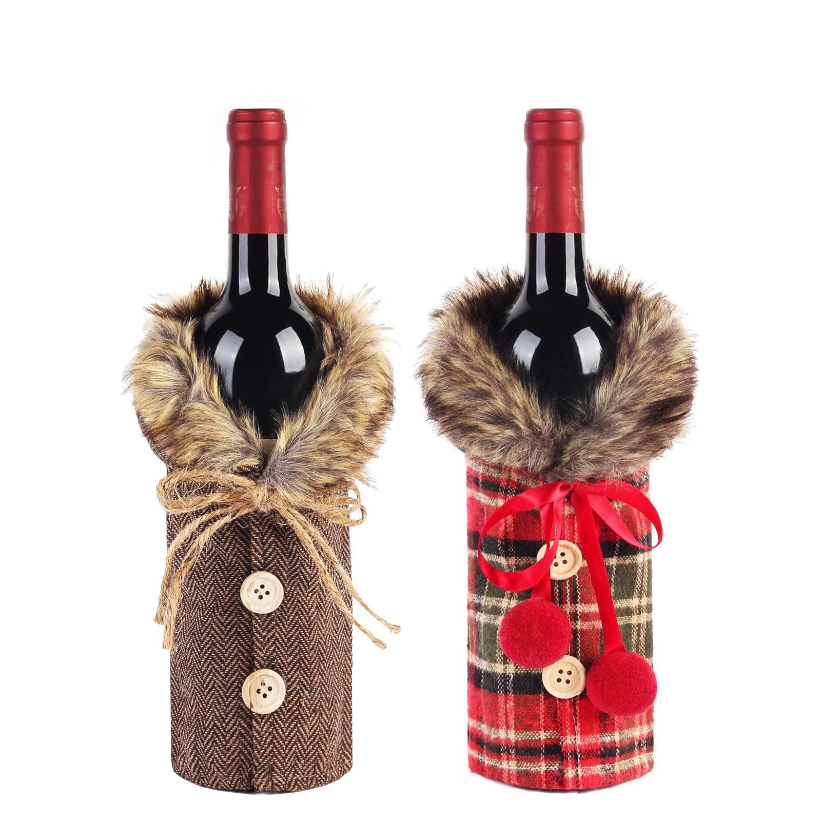 Luxury 2PCS Christmas Wine Bottle Jumpers, Festive Plaid & Tartan Design with Faux Fur Collar and Button Coat - Cosy Xmas Tabletop Decor for Home, Pub, Restaurant & Ideal Present (Set of 2)