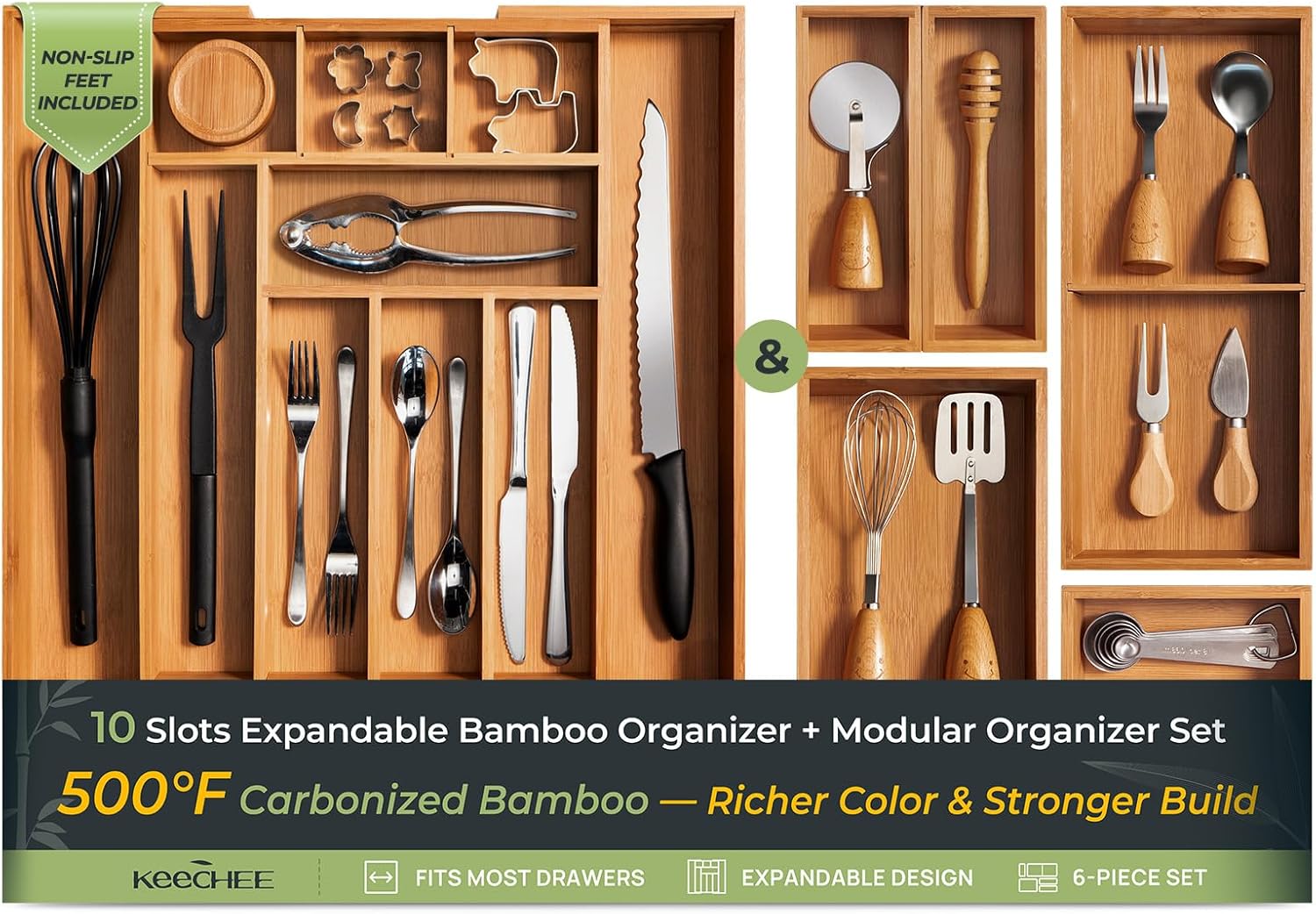 keechee 6-Piece Bamboo Drawer Organizer Set, 2.2" Deep Multi-Use Organizers for Utensils, Silverware, Cutlery, Desk, Bathroom, Junk Drawer & Makeup, Non-Slip Feet Included.