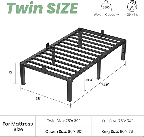 Miniatura 2 de NKZ Base de cama tamaño individual, plataforma de metal resistente de 12 pulgadas con tapón deslizante para colchón, soporte de listones de acero