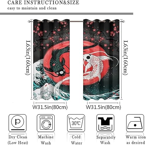 Miniatura 2 de Cortinas de pez para dormitorio, diseño de fantasía, Yin Yang, anime japonés, ondas grandes, flores de cerezo, cortinas opacas con ojales, ahorro de