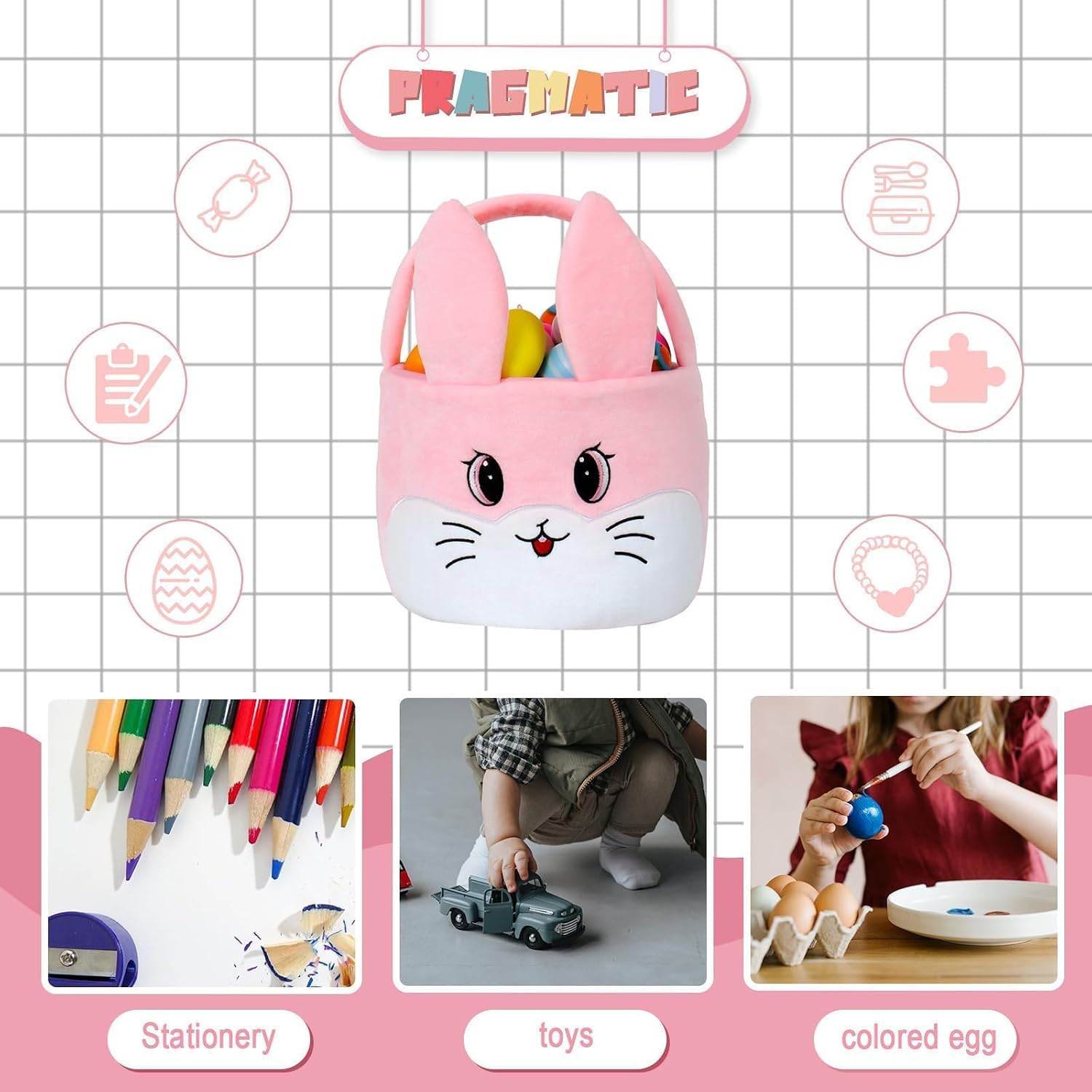 Easter Egg Baskets for Kids Bunny Basket with Folded Ears Easter Bag Buckets Hunting Gifts for Boys and Girls