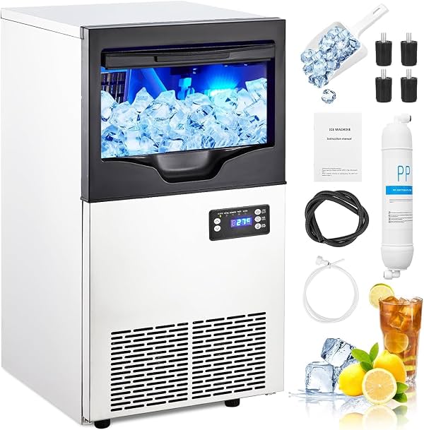 Máquina de hielo comercial Garvee, 110 lbs/24 h con depósito de 30 lbs | Operación automática en acero inoxidable para bar en casa, incluye filtro de agua, pala y manguera de conexión