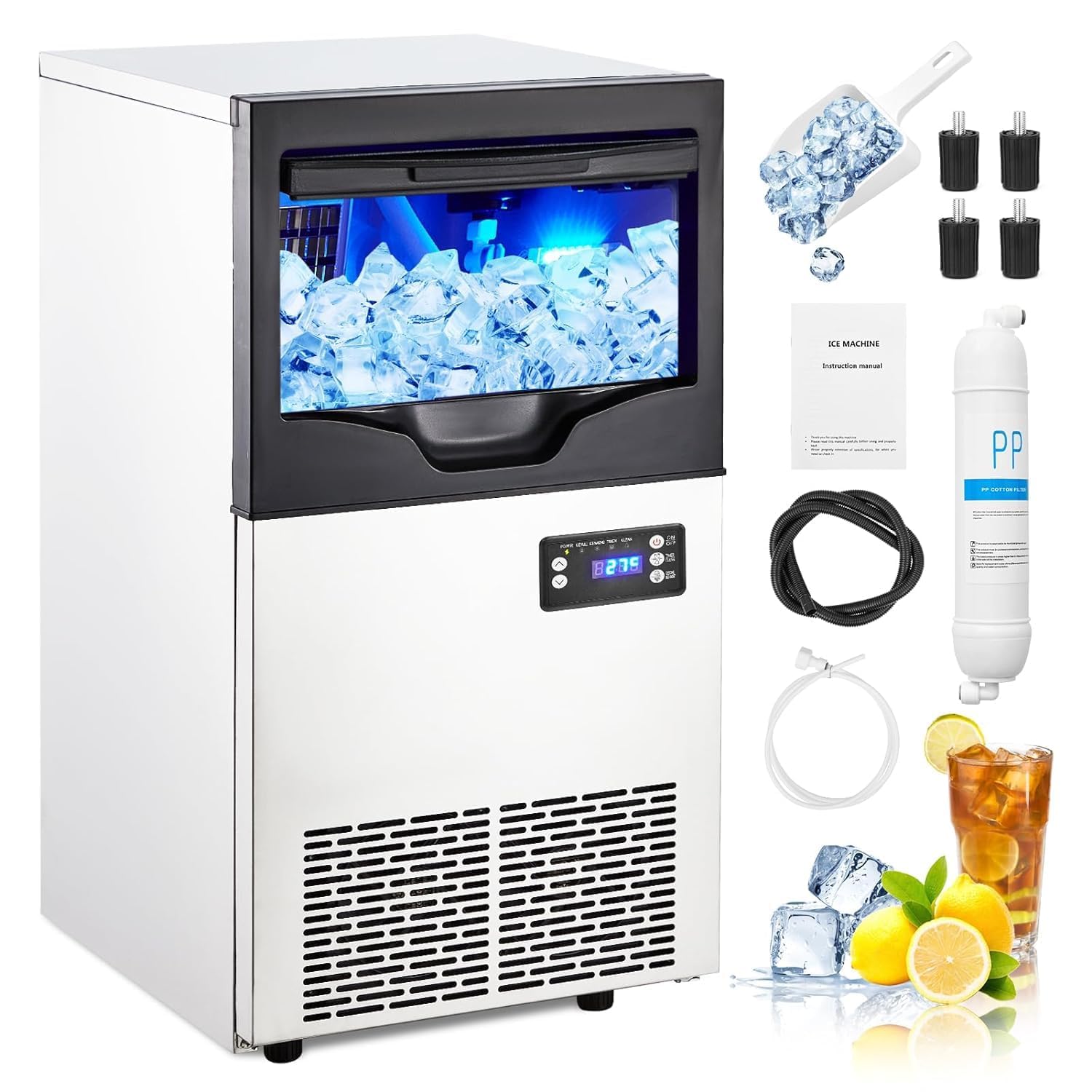 Garvee Commercial Ice Maker Machine, 110LBS/24H with 30 lbs Bin | Stainless Steel Automatic Operation Commercial Ice Machine for Home Bar, Include Water Filter, Scoop, Connection Hose
