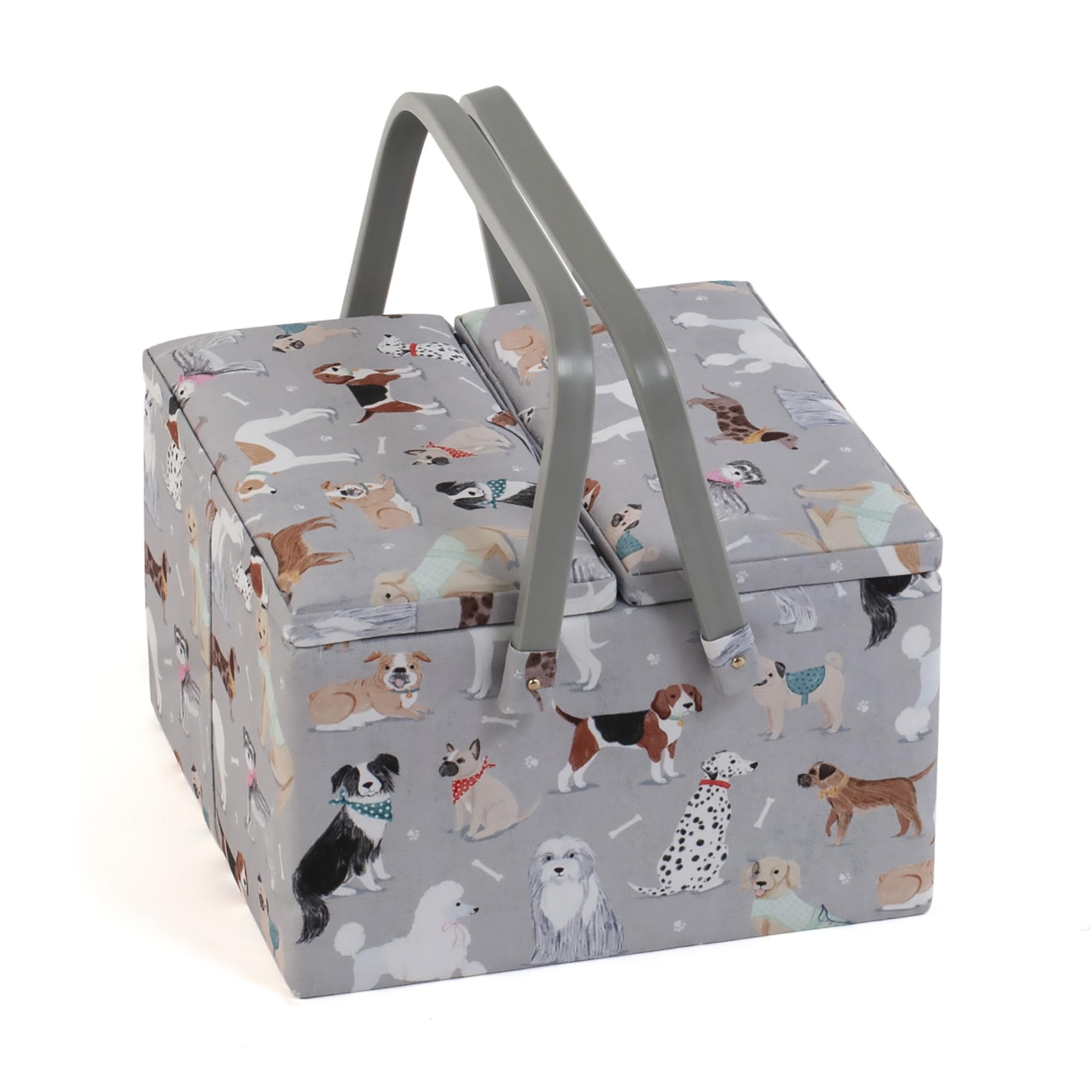 Hobby Gift Large Sewing Box - Craft Storage with Handle, Pin Cushion, Pockets - Grey Dogs