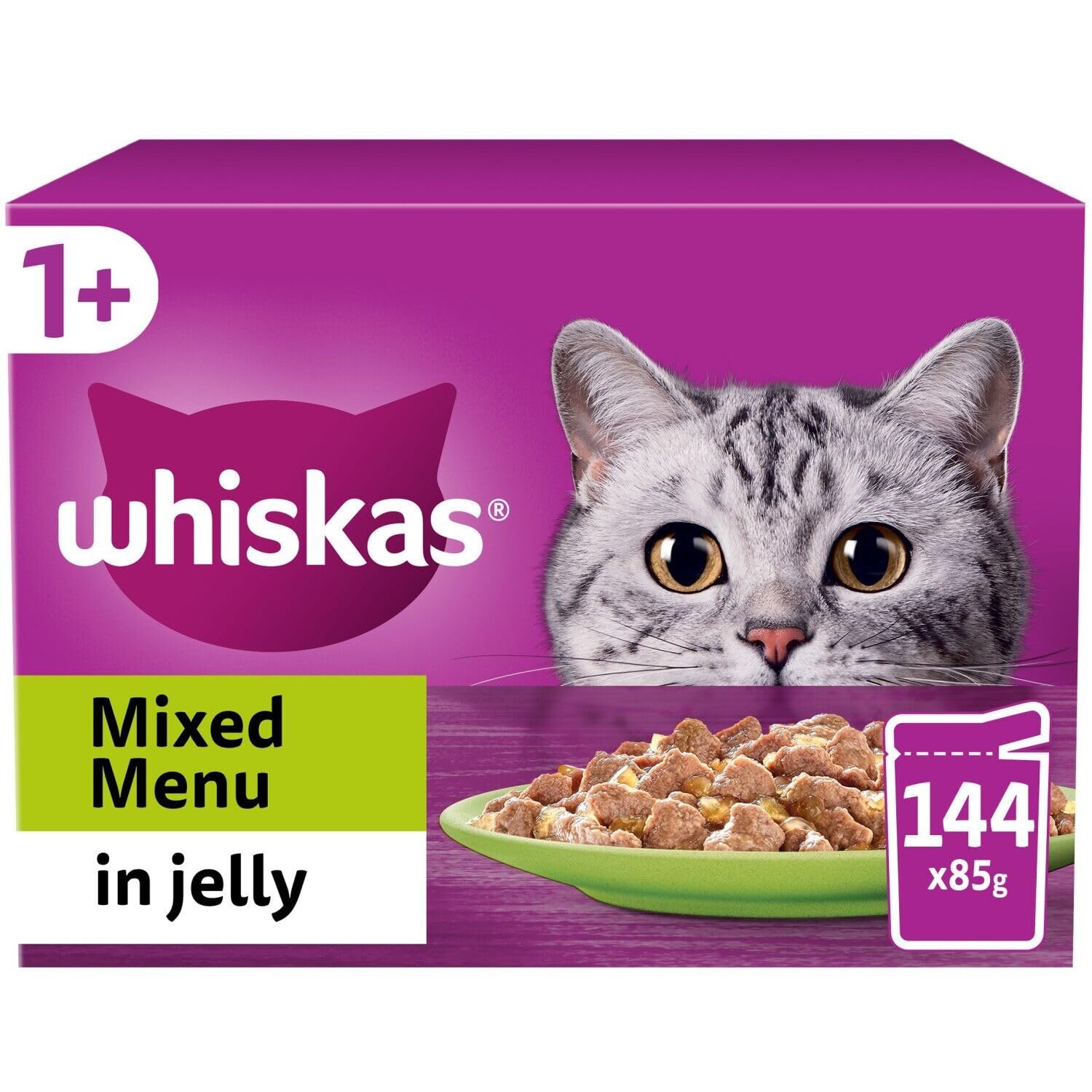Whiskas 1+ Mixed Menu in Jelly, 144 x 85g Pouches, Adult Wet Cat Food