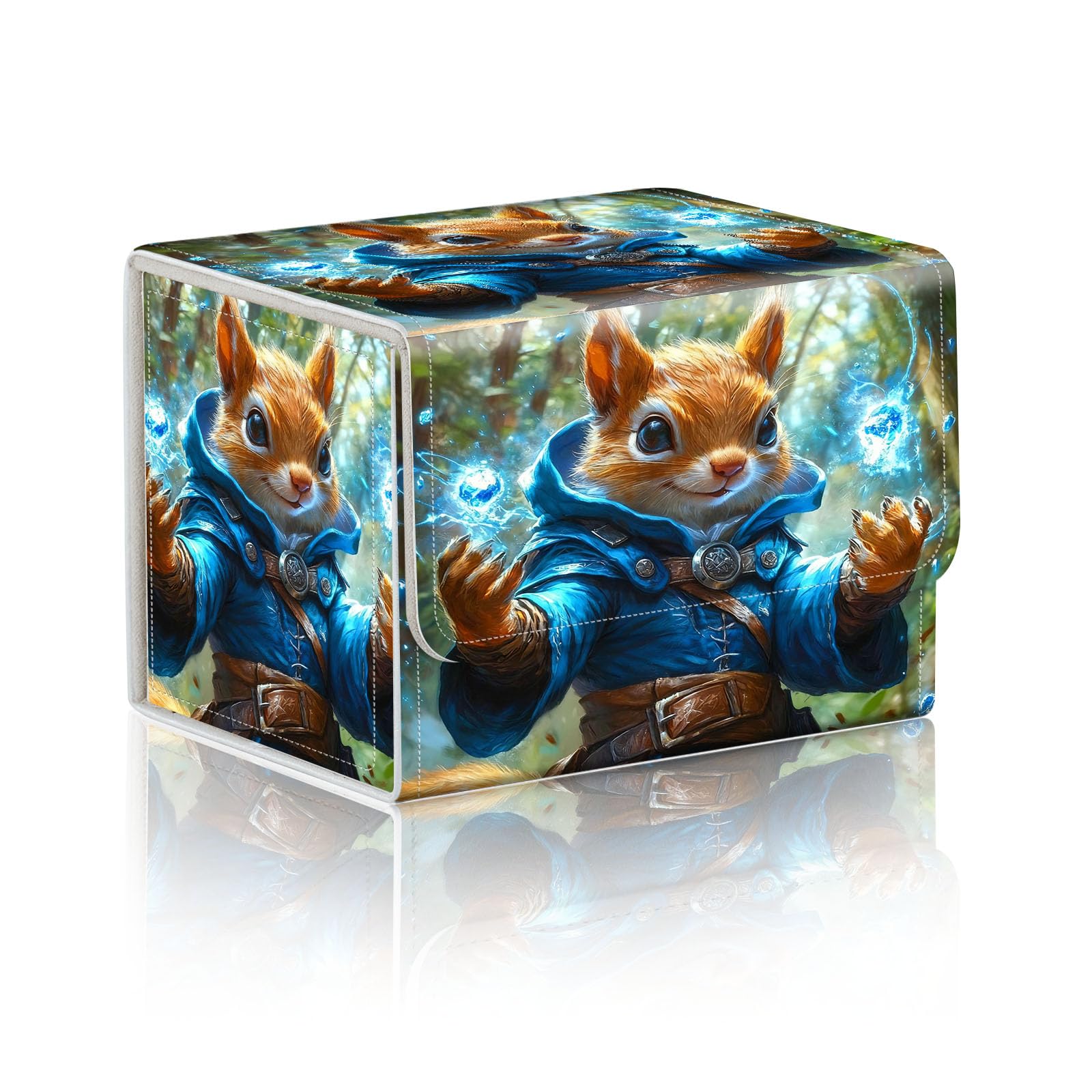 DISUOFEART Trading Card Storage Box, Holds 100+ for MTG Cards, Premium PU Leather with Magnetic Closure, Squirrel Mage Wielding Blue Magic Durable Deck Box for Magic the Gathering, Trading Card Games