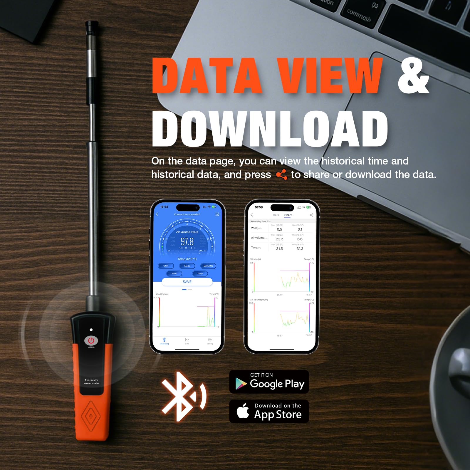 Heißdraht-Anemometer, Thermischer Anemometer mit 40 m/s und Bluetooth, Ausziehbare Stange 320–650 mm, 9100A Windmesser Windmessgerät mit APP, hohe Präzision 0,1 m/s, misst HVAC, Datenprotokollierung