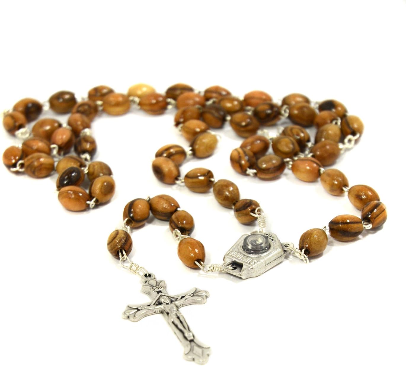 Wooden Rosary Beads with Jordan River Water Aqua JORDANIS Capsule and Cross - Made in Bethlehem with Certificate of Authenticity in Cotton Pouch - Christian Necklace for Men & Women