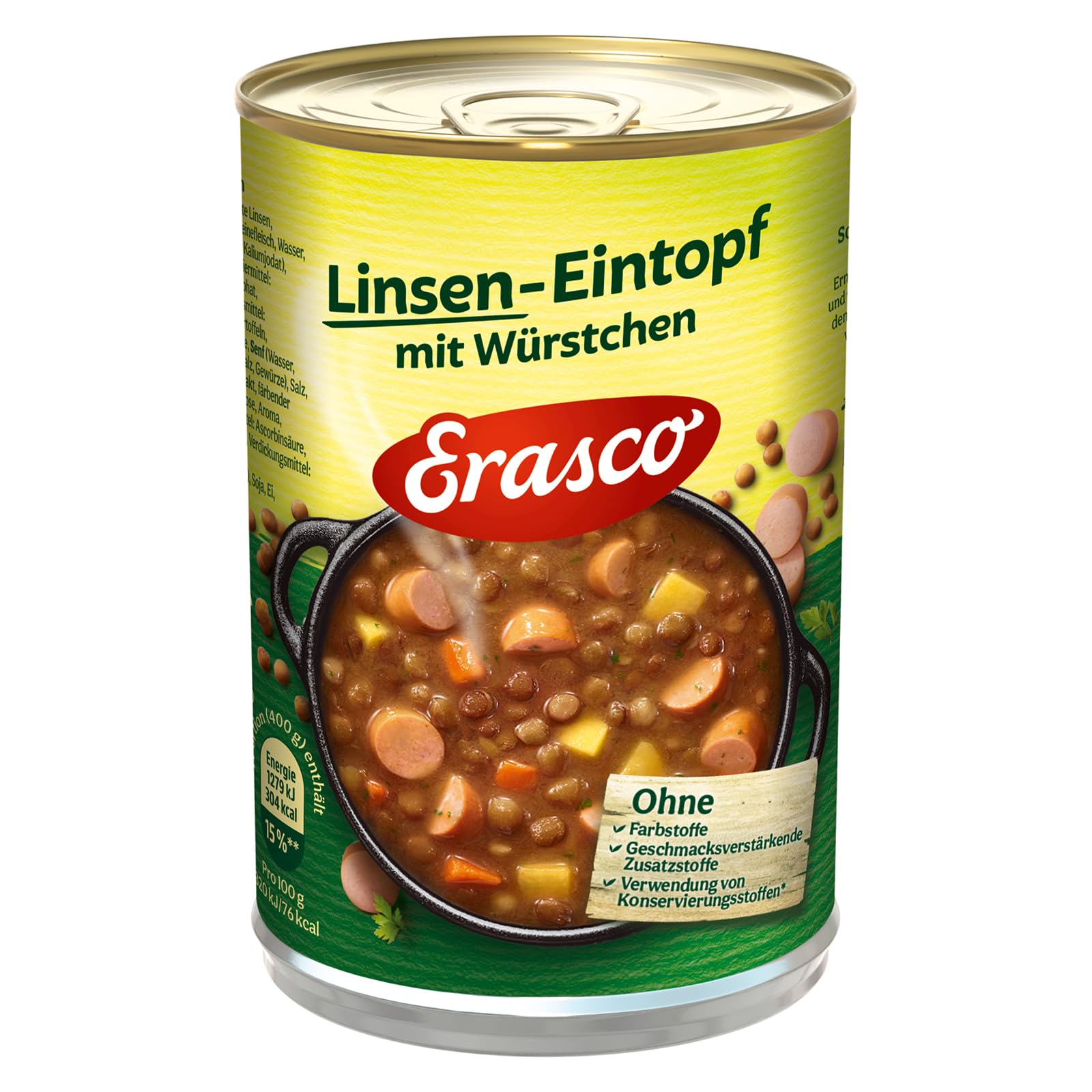 Erasco Linsen-Eintopf mit Würstchen (1 x 400g), In nur 5 Minuten fertig – Ausgewähltes Gemüse – Einfach köstlich - Ohne Schnickschnack