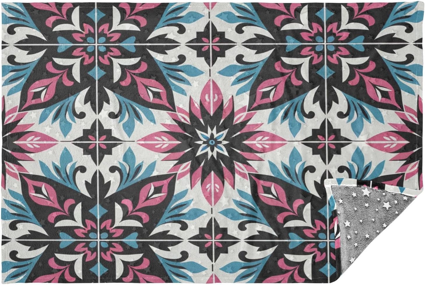Mexican Tile Art Travel Blanket Glowing in The Dark, Soft 2 in 1 Airplane Blanket 65" x 55", Foldable as Pillow, Luggage Sleeve & Backpack Clip