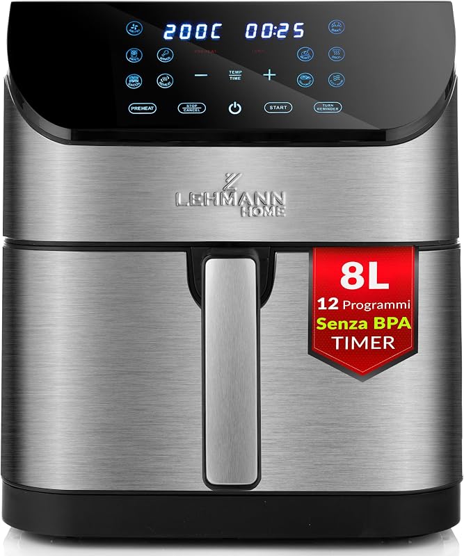 LEHMANN LEHMANN XXL 8L Air Fryer with Removable Divider, Double Zone Flexible Air Fryer 1800 W, 12 Intelligent Modes & 76-392 °C, Digital Panel, Dishwasher Safe