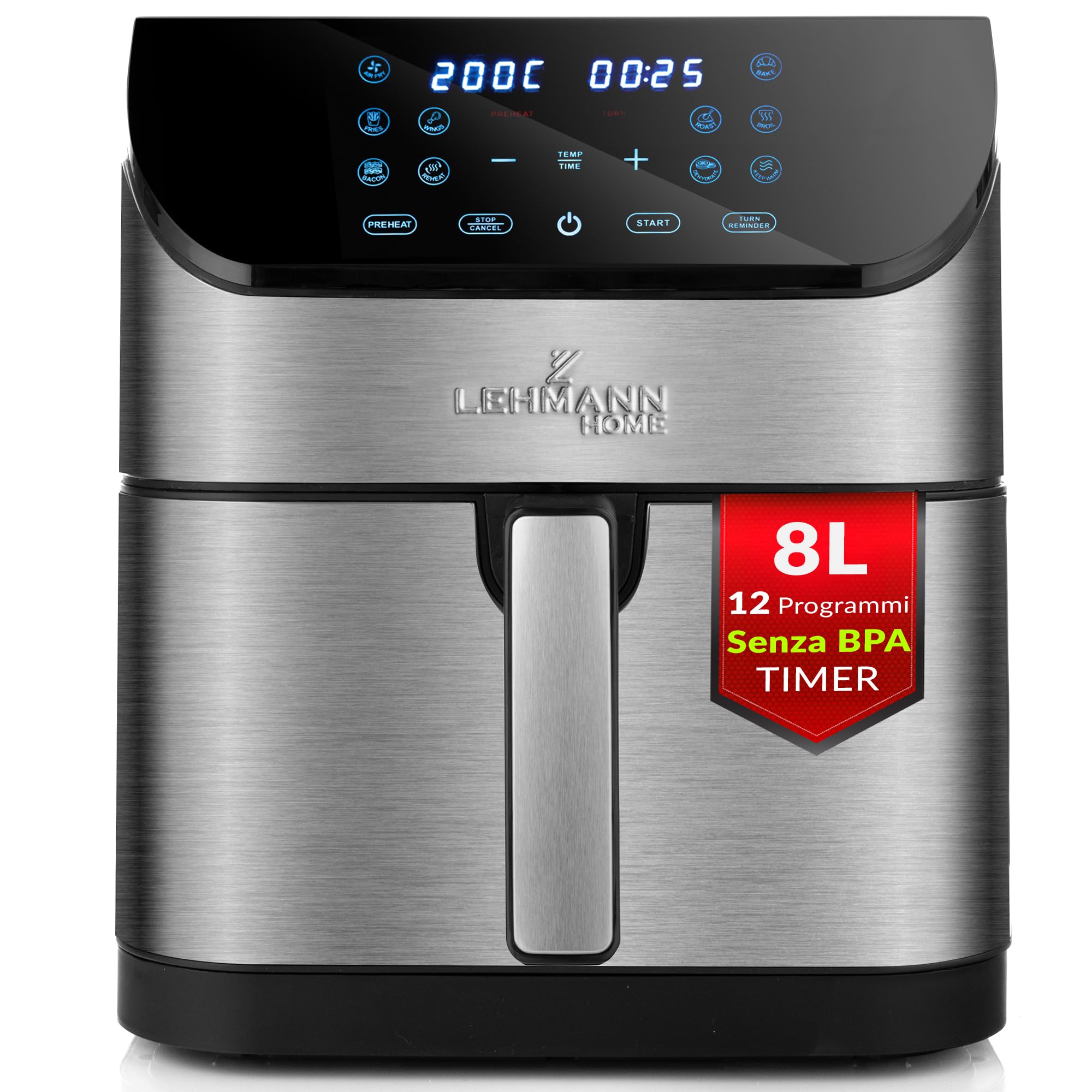 LEHMANN LEHMANN Friggitrice ad Aria XXL 8L con Divisorio Rimovibile, Air Fryer Doppia Zona Flessibile 1800 W, 12 Modalità Intelligenti & 76-200°C, Pannello Digitale, Lavabile in Lavastoviglie