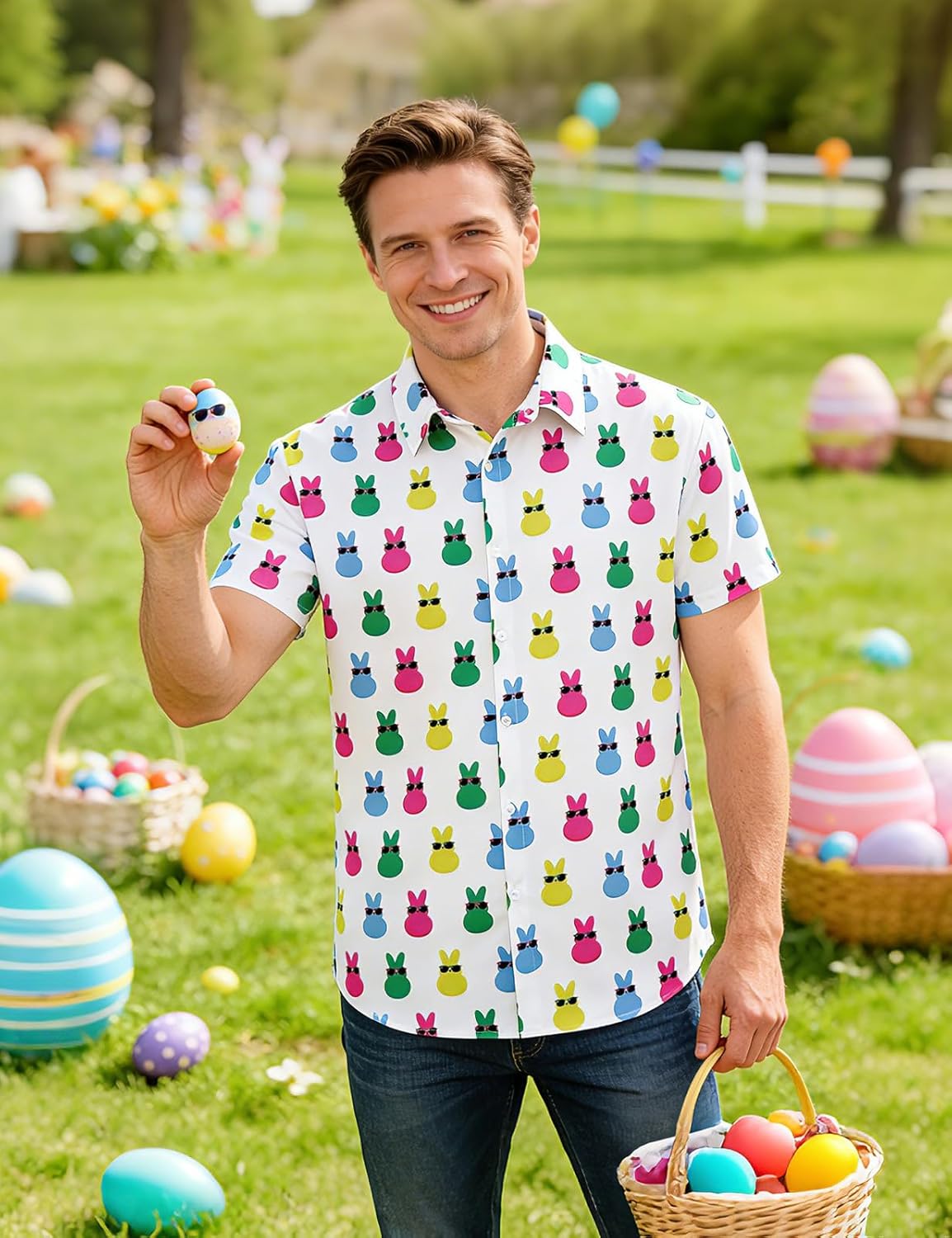 LINOCOUTON Mens Easter Short Sleeve Button Down Shirts