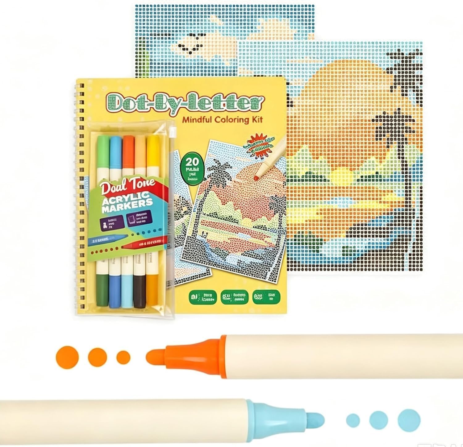 Dot-by-Letters Mindful Coloring Kit,Dot by Letter Adult Coloring Book,20 Hidden Scenes &10 Color Marker,Spiral-Bound Activity Book,Screen-Free Relaxing Letter Code Dots Art Craft Set-Landscape