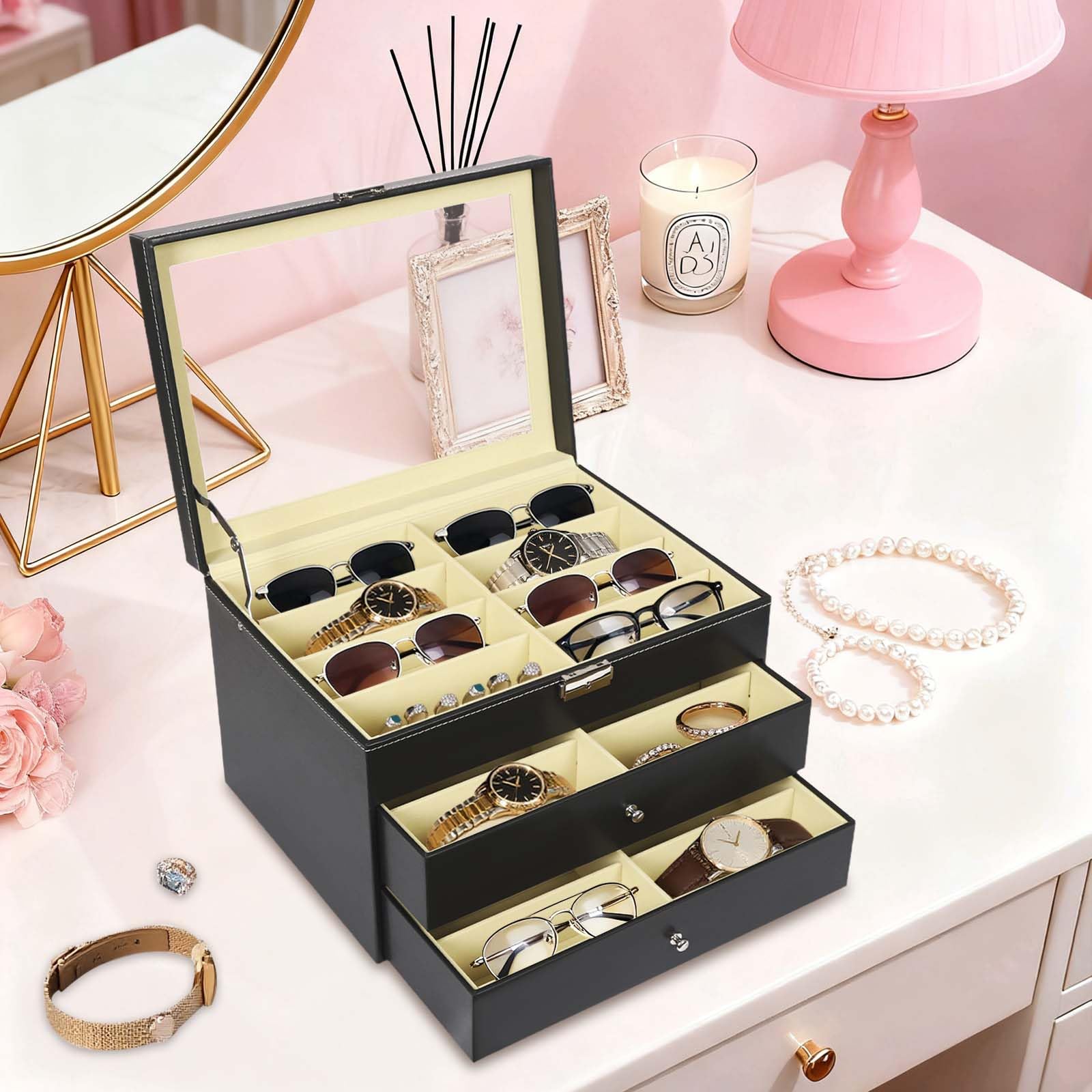 Caja de almacenamiento para gafas, 24 compartimentos, con tapa de cristal transparente, piel sintética, con 3 cajones, para guardar varias gafas, joyas y relojes