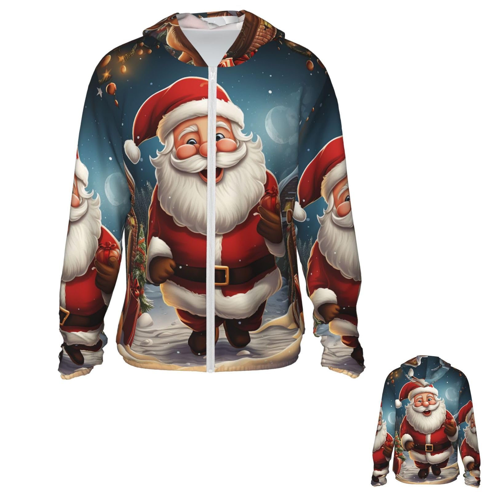 NONHAI Men's Sun Protection Jacket UPF 50+ Full Zipper Long Sleeve UV Hoodie Shirt Santa Christmas Zoom Women's Outdoor Jacket Black