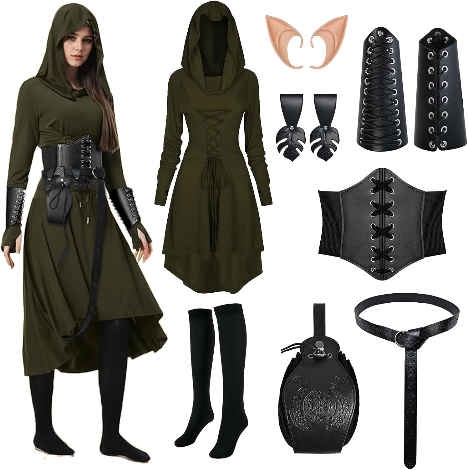 8 Pcs Women Renaissance Fairy Costume Medieval Elf Dress with Faux Leather Arm Pouch Belt for Halloween