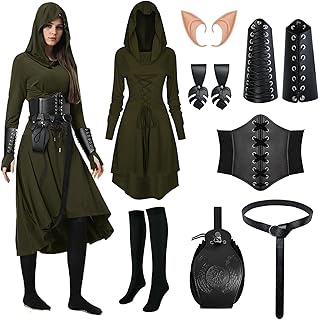8 Pcs Women Renaissance Fairy Costume Medieval Elf Dress with Faux Leather Arm Pouch Belt for Halloween