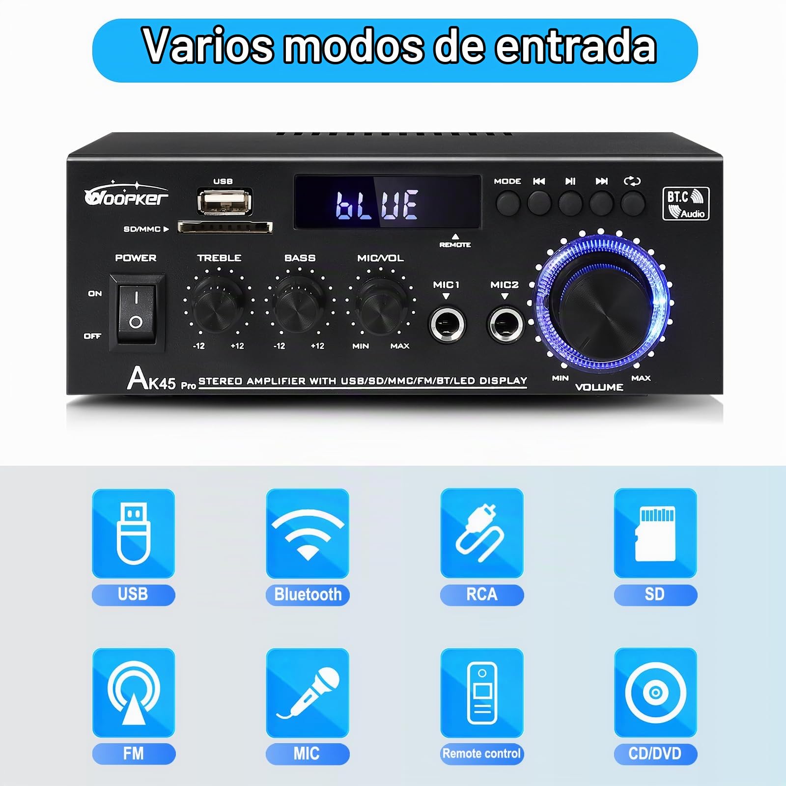 Woopker AK45 PRO Amplificador Audio, 2.0CH Bluetooth 5.0 50Wx2 Salida HiFi Amplificador de Potencia de Audio, Receptor estéreo Amplificador Audio para Cine en Casa, Coche Altavoz W/2 Mic/USB/Radio FM