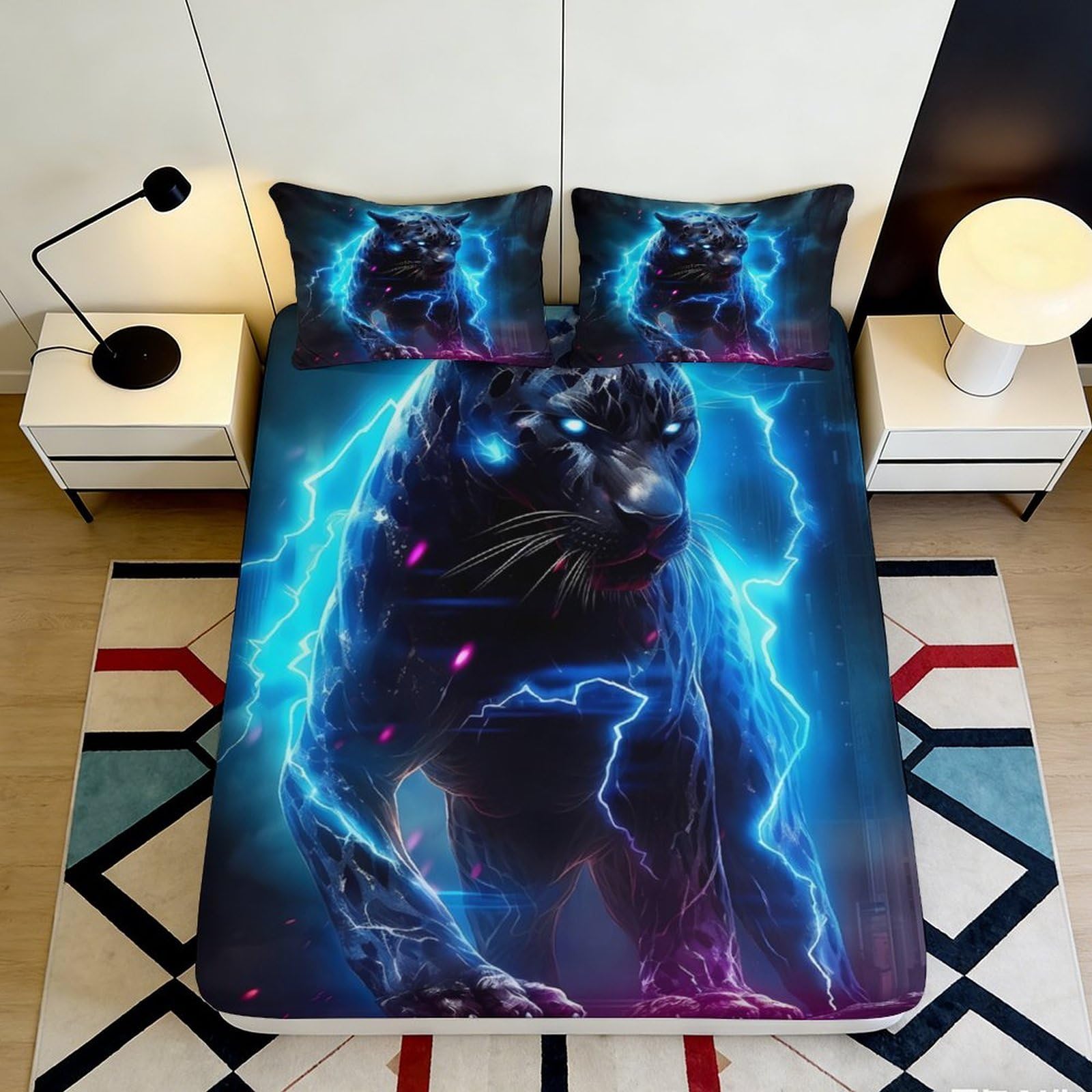 3D Printed Electric Panther Fitted Sheet Microfiber Soft Blue Lightning Bed Cover for Bedroom Dorm Mattress Decor 90x200x25cm