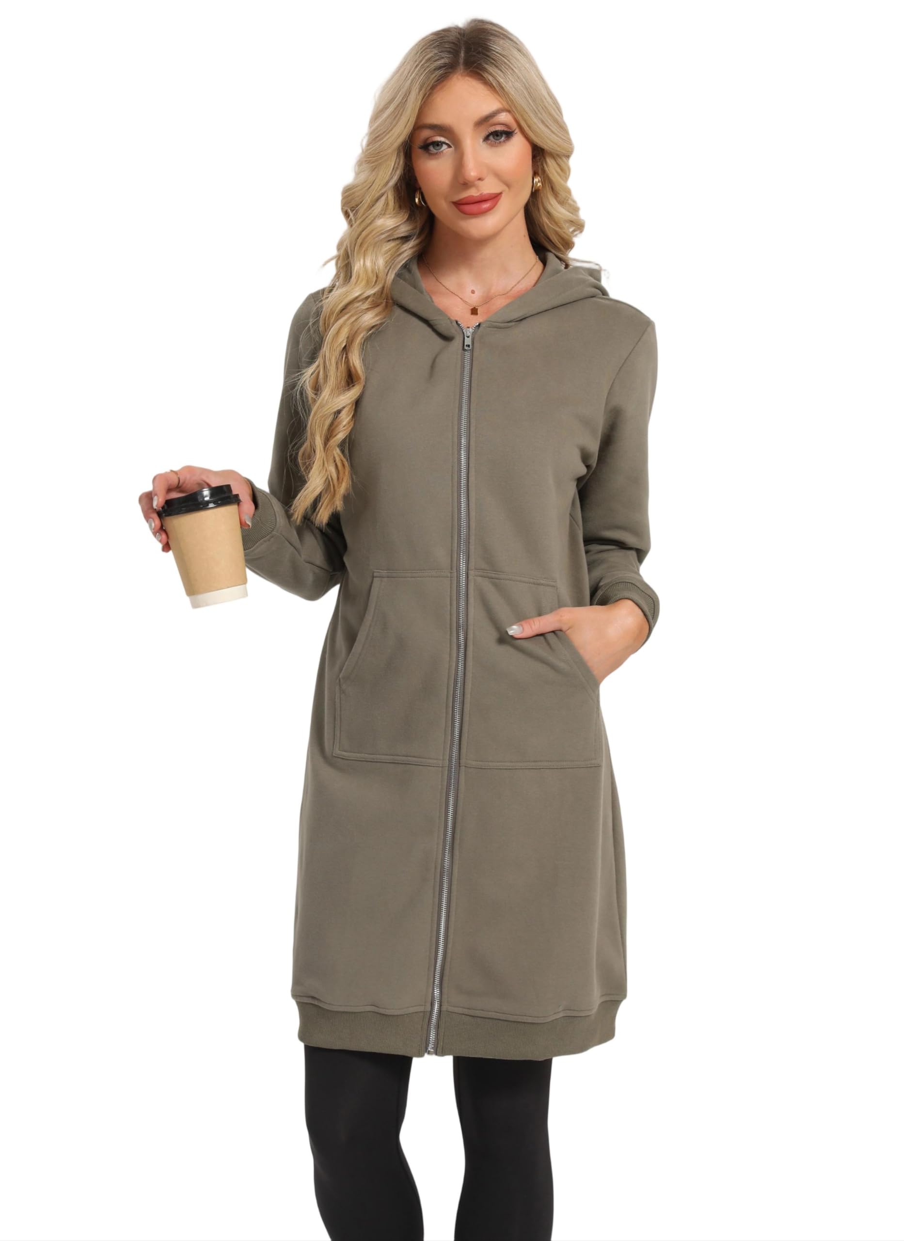 Timuspo Damen Lange Kapuzenjacke Weich und Locker Sweatjacke Einfarbig Zipper Hoodie Oversized Warm Sweatshirt Jacke Kapuzenpullover mit Taschen