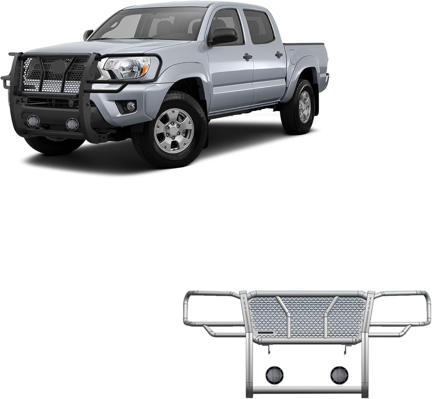 Black Horse Rugged Heavy Duty Grille Brush Bumper Guard Modular Black Come with Pair of 5.3" Dia.LED Lights with Black Trim Rings Compatible with 2005-2015 Toyota Tacoma-RU-TOTA05-B-PLFB