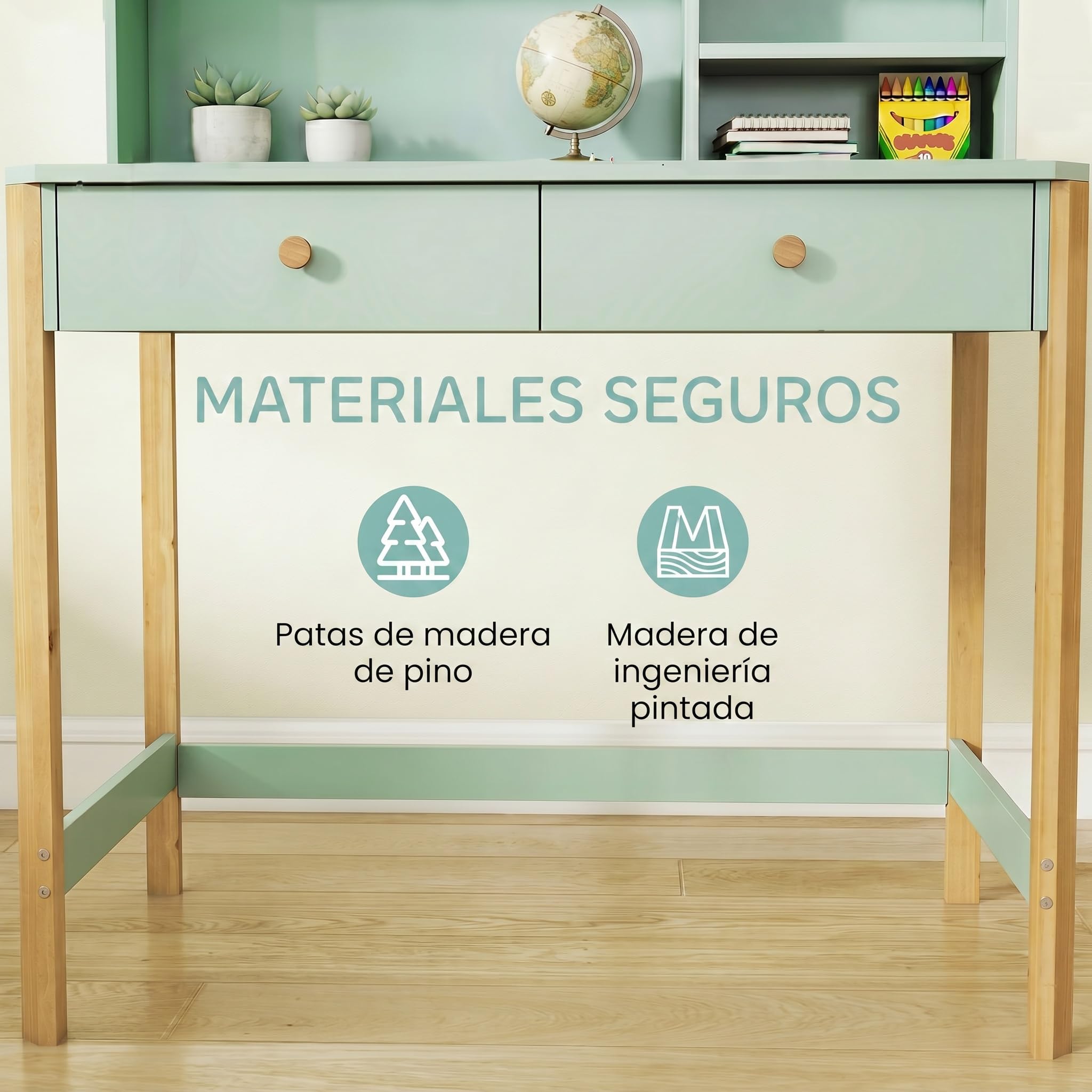 AIYAPLAY Escritorio Infantil, Mesa de Escritorio para Niños con 3 Compartimentos Abiertos y 2 Cajones, Patas de Madera, para Estudio, Entrada, Dormitorio, para Niños de 5-12 Años, 90x52x105 cm, Verde
