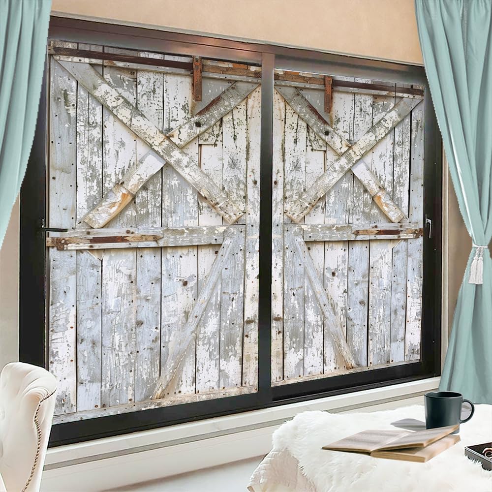 Vintage Painted Barn Stained Glass Window Film Abstract Country Door Sticker Frosted Sun Blocking Heat Control Adhesive Window Covering for Room Decor 35.4Wx63L-inch x2 Pcs