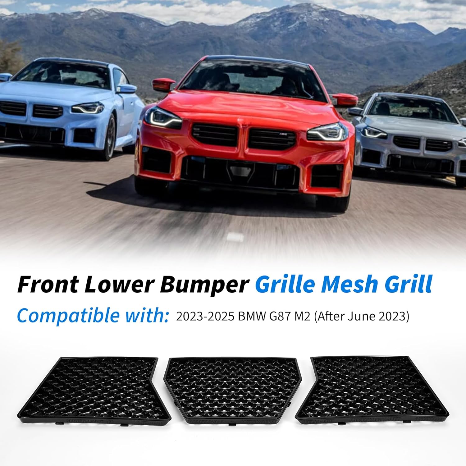 Front Lower Bumper Grille Mesh Grill Compatible with BMW G87 M2 2023 2024 2025,Replacement Front Bumper Center Lower Radiator Protection Mesh Guard Cover Trim 3 PCS Glossy Black
