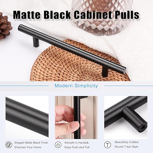 Miniatura 4 de KNOBWELL Paquete de 25 tiradores negros mate de 5 pulgadas, manijas negras estilo europeo para gabinete y armario, tiradores negros de acero