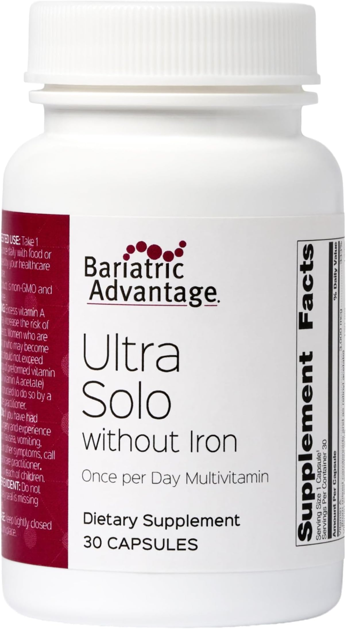 Ultra Solo Without Iron - Once-Per-Day Daily Multivitamin - for Bariatric Patients - with Thiamin, Vitamin A & More - Gluten Free - 30 Capsules