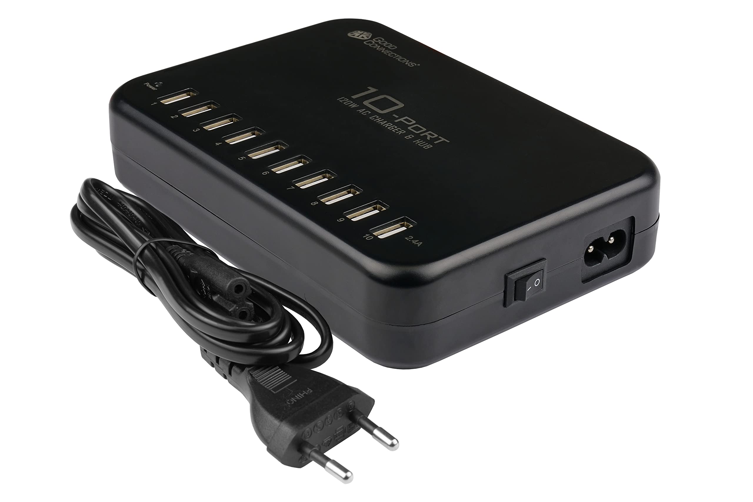 Good Connections Station de Charge Rapide USB 120 W - 10 Ports - 10 Ports USB-A - Charge de 10 tablettes/Smartphones de 12 W chacun (5 V 2,4 A) simultanément - Noir