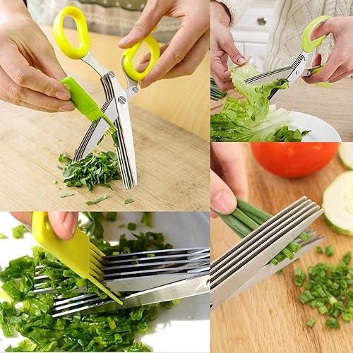 Miniatura 8 de Tijeras de cocina de acero inoxidable de 5 cuchillas, tijeras picadas de hierbas frescas y verduras de hoja verde, utensilios de cocina, cortador de