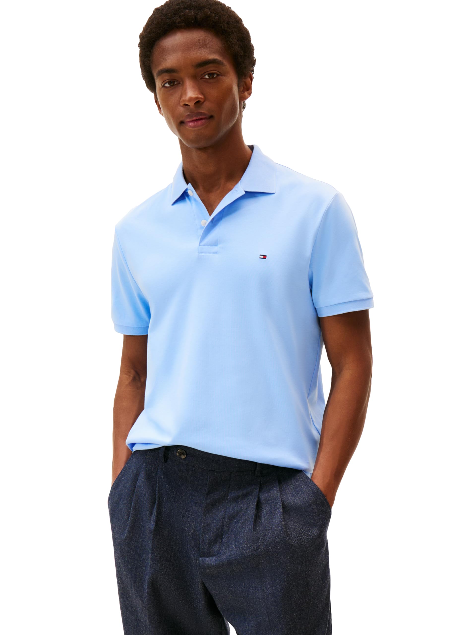 Tommy Hilfiger Men's Short Sleeve Casual Polo Shirts in Regular Fit with Liquid Cotton, Vessel Blue, Large