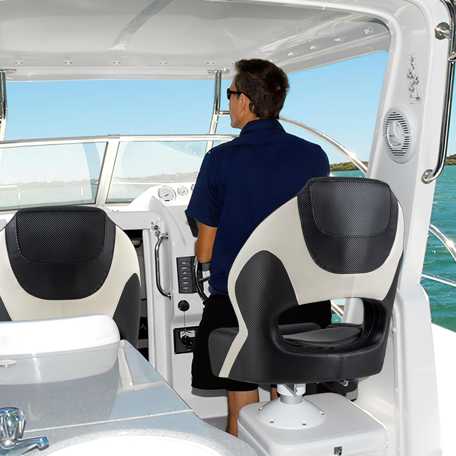 Goplus Sports Flip Up Boat Seat, Captain Bucket Seat w/Thick Sponge Bolster & Waterproof PVC Leather Upholstery, Curve Armrest & Aluminum Hinges, High Back Fishing Boat Chair (1 Pack Black & White)
