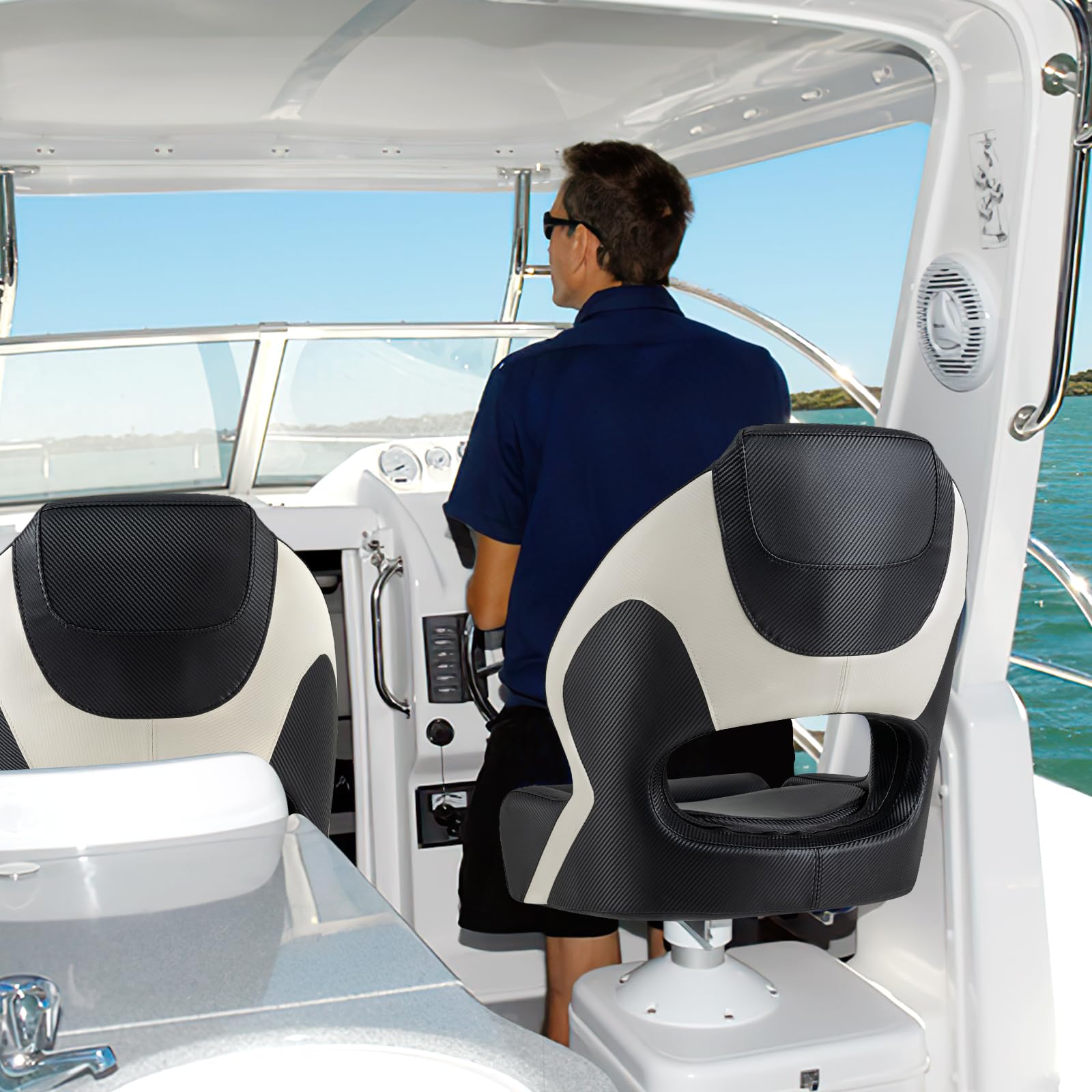 HOMASIS Siège de Bateau Ergonomique en Cuir PVC, Siège de Pêche avec Appui-Tête Rabattable, Revêtement, Chaise de Bateau Pliable avec Accoudoirs Courbés, 56 x 70 x 62 cm