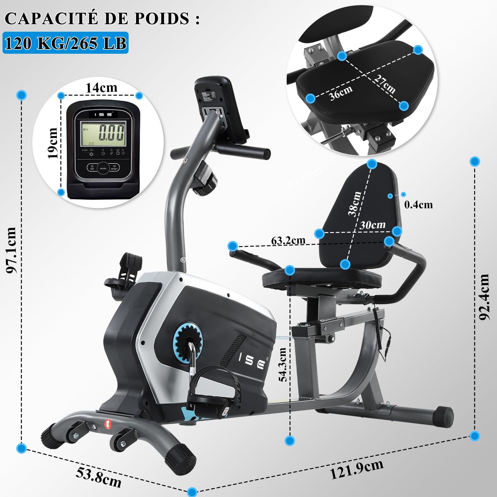 ISE Vélo d'Appartement Semi-Allongé Magnétique, Vélo Couché 8 Niveaux Résistance, Velo Semi Allongé Roue Transport, Impulsion&Ecran LCD, Velo d appartement Semi Allongé Siège Réglable Ergonomique