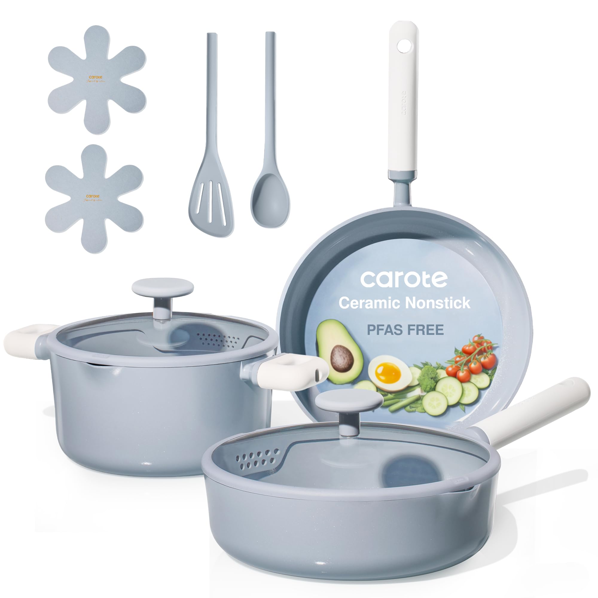 CAROTE Pots and Pans Set Nonstick, Ceramic Cookware Set, Blue Cooking Set Kitchen Induction Set with Steamer, PFAS PTFE Free,9 Piece